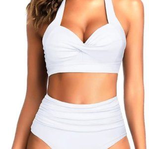 Tempt Me Two Piece Vintage Swimsuit Retro Halter Ruched High Waist
